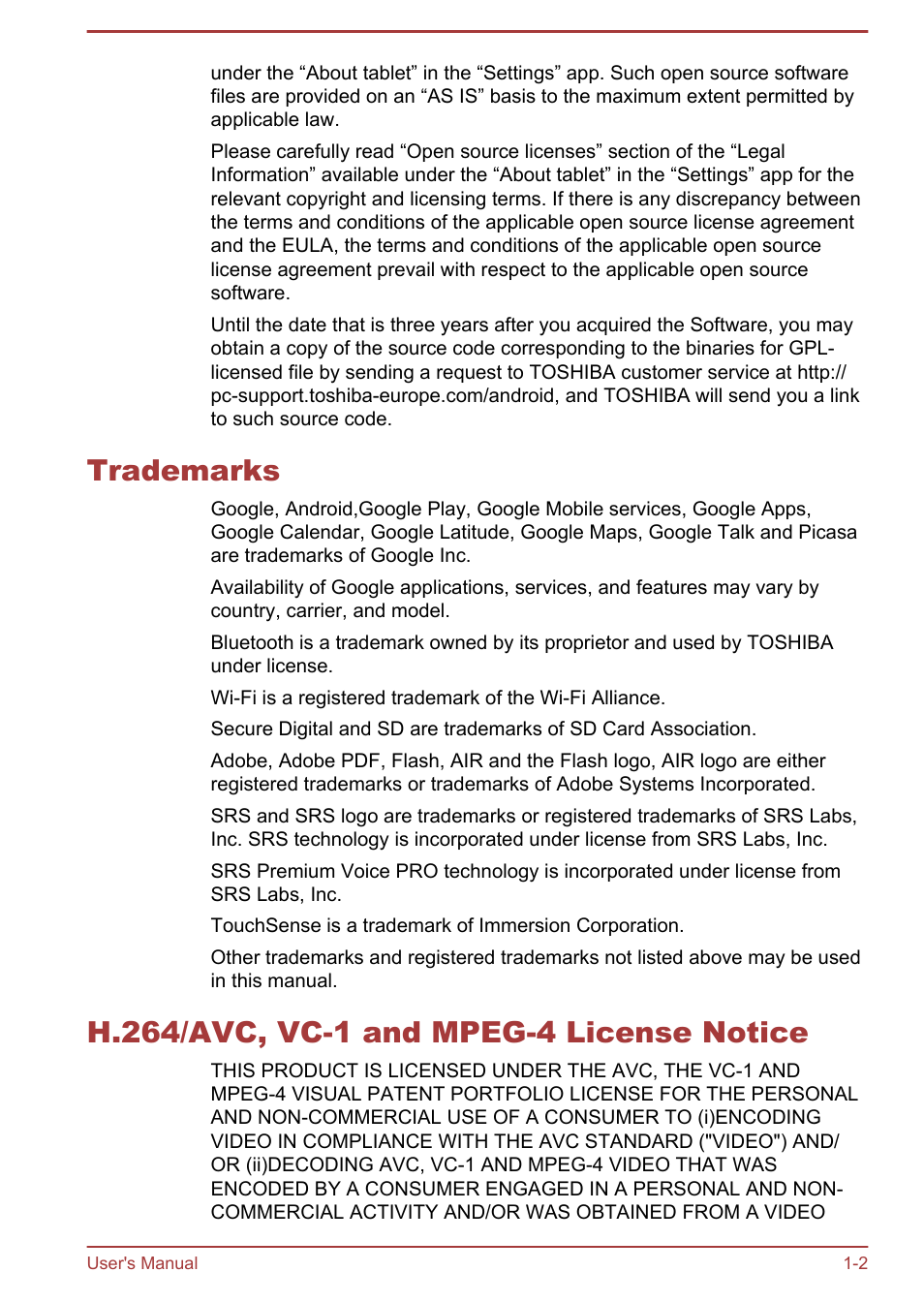 Trademarks, H.264/avc, vc-1 and mpeg-4 license notice | Toshiba AT270 User Manual | Page 6 / 85