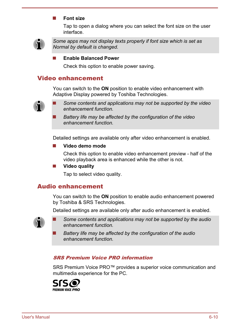 Video enhancement, Audio enhancement | Toshiba AT270 User Manual | Page 60 / 85