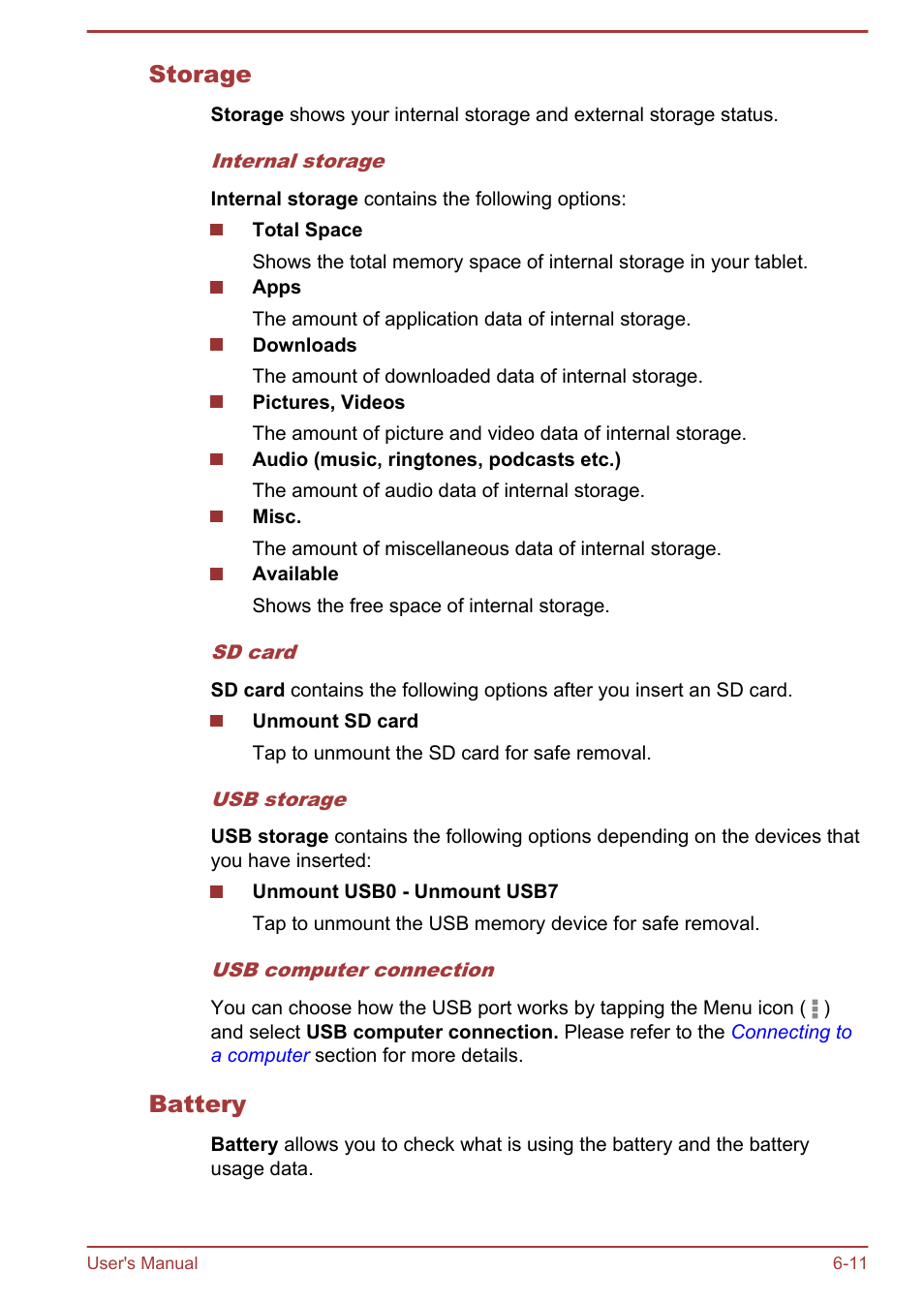 Storage, Battery | Toshiba AT270 User Manual | Page 61 / 85