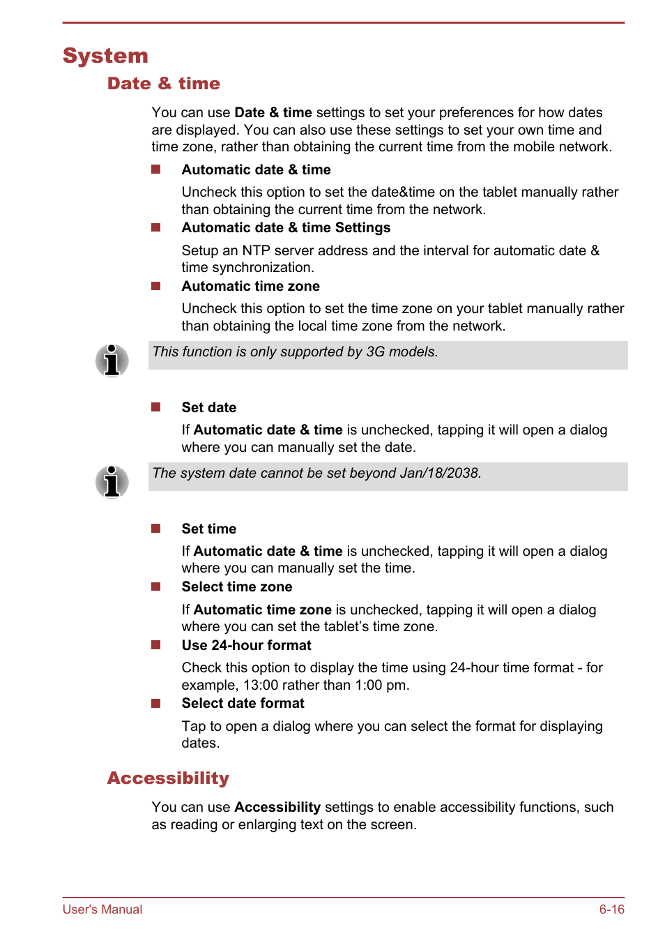 System, Date & time, Accessibility | System -16 | Toshiba AT270 User Manual | Page 66 / 85