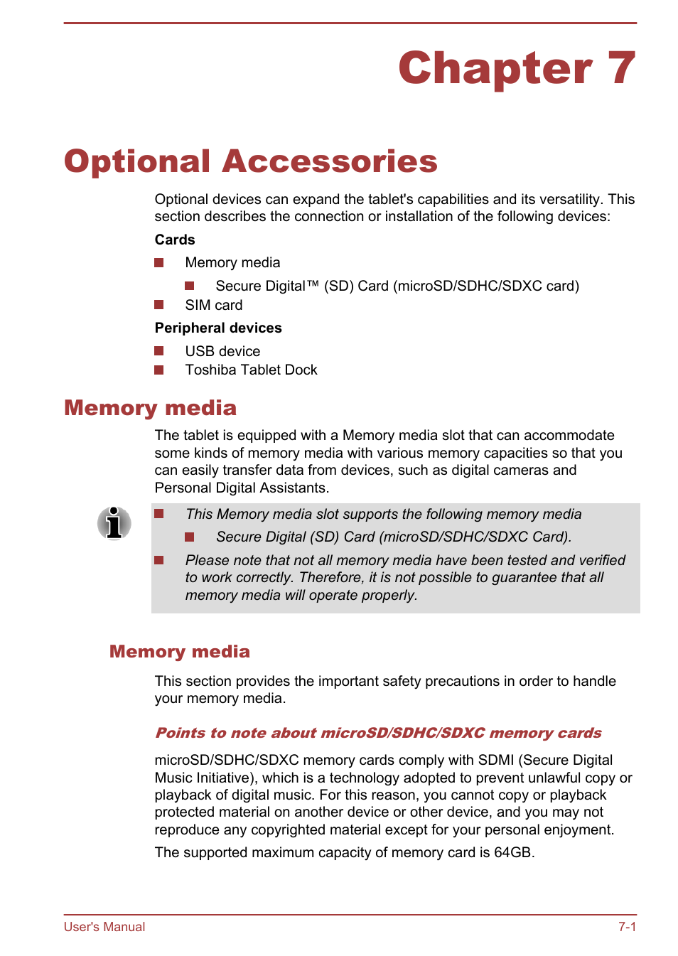 Chapter 7 optional accessories, Memory media, Chapter 7 | Optional accessories, Memory media -1, Memory media slot, Optional docks describled in, Optional, Accessories | Toshiba AT270 User Manual | Page 68 / 85