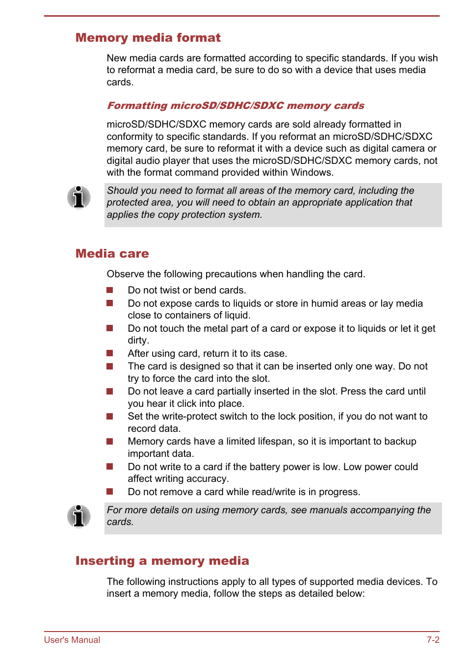 Memory media format, Media care, Inserting a memory media | Toshiba AT270 User Manual | Page 69 / 85