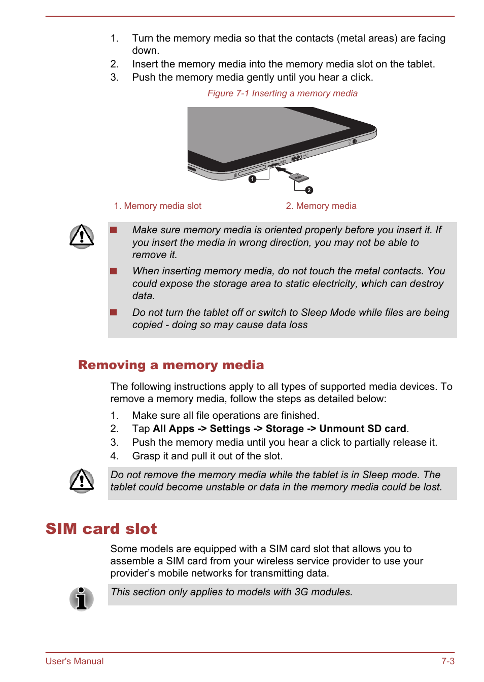 Removing a memory media, Sim card slot, Sim card slot -3 | Toshiba AT270 User Manual | Page 70 / 85