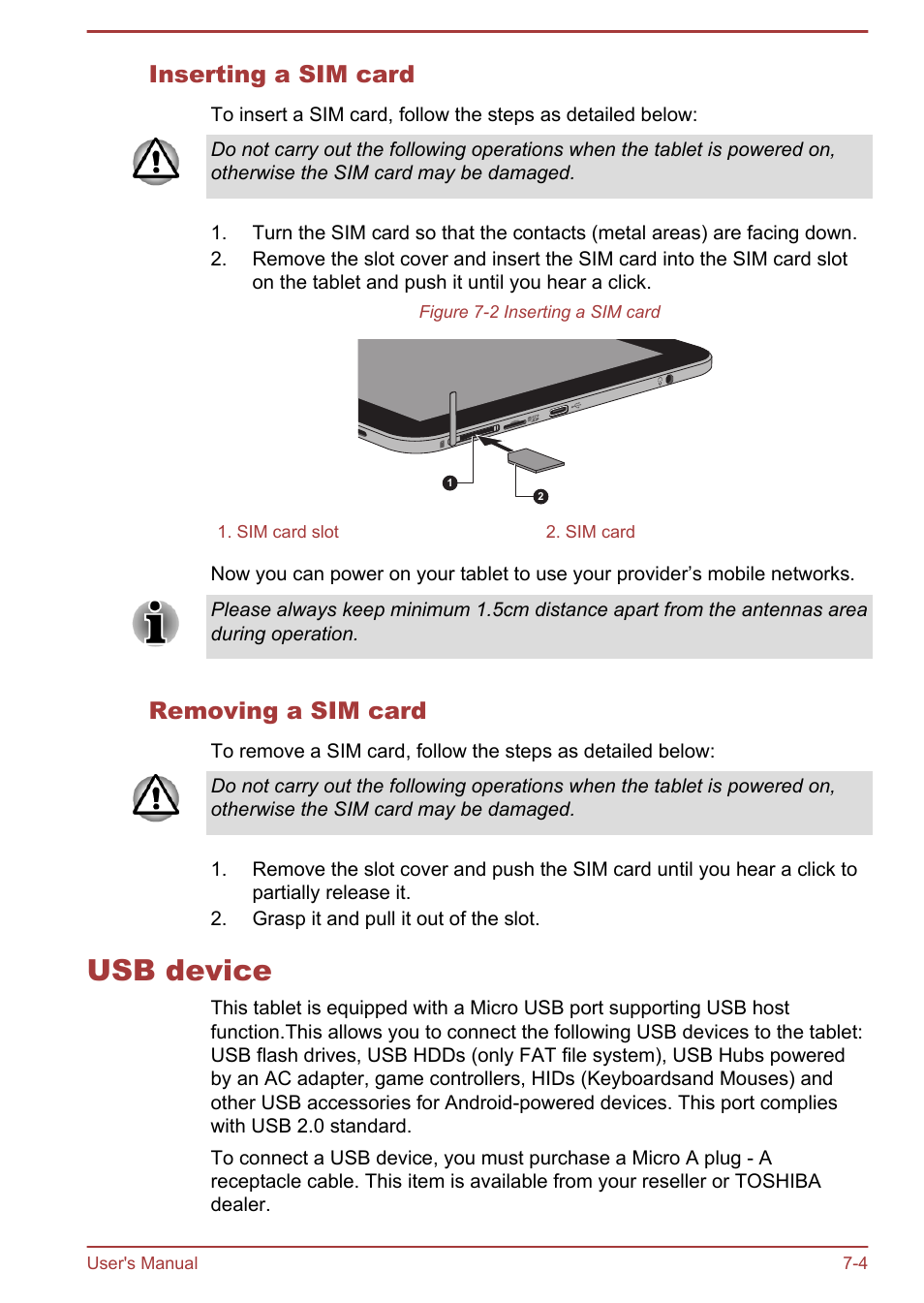 Inserting a sim card, Removing a sim card, Usb device | Usb device -4, Section in chapter | Toshiba AT270 User Manual | Page 71 / 85