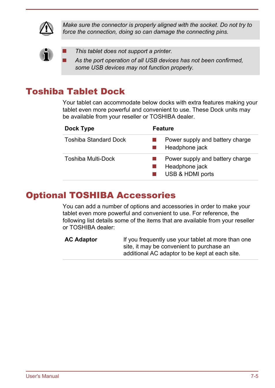 Toshiba tablet dock, Optional toshiba accessories | Toshiba AT270 User Manual | Page 72 / 85