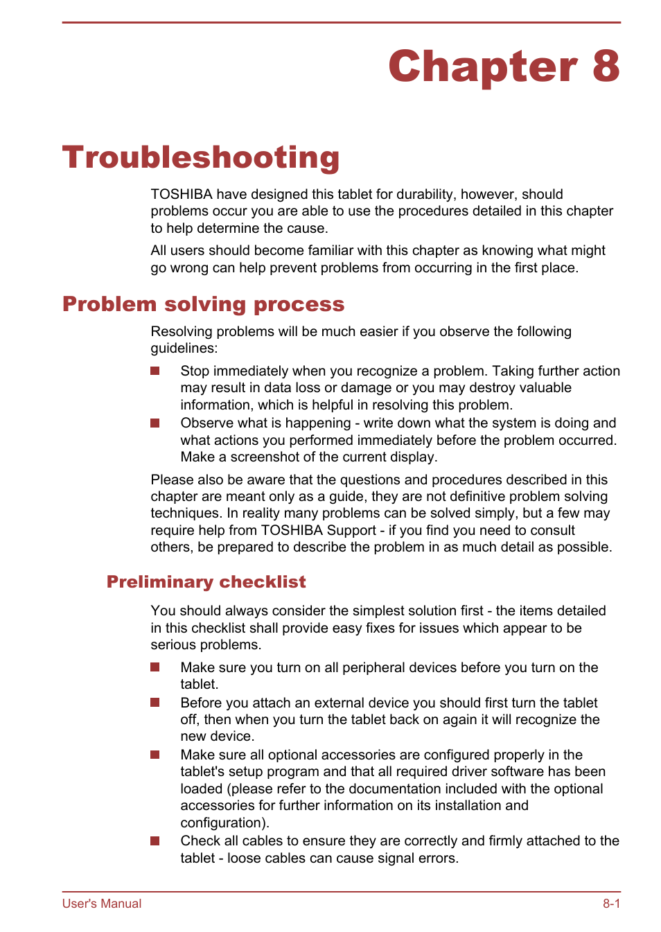Chapter 8 troubleshooting, Problem solving process, Preliminary checklist | Chapter 8, Troubleshooting, Problem solving process -1 | Toshiba AT270 User Manual | Page 73 / 85