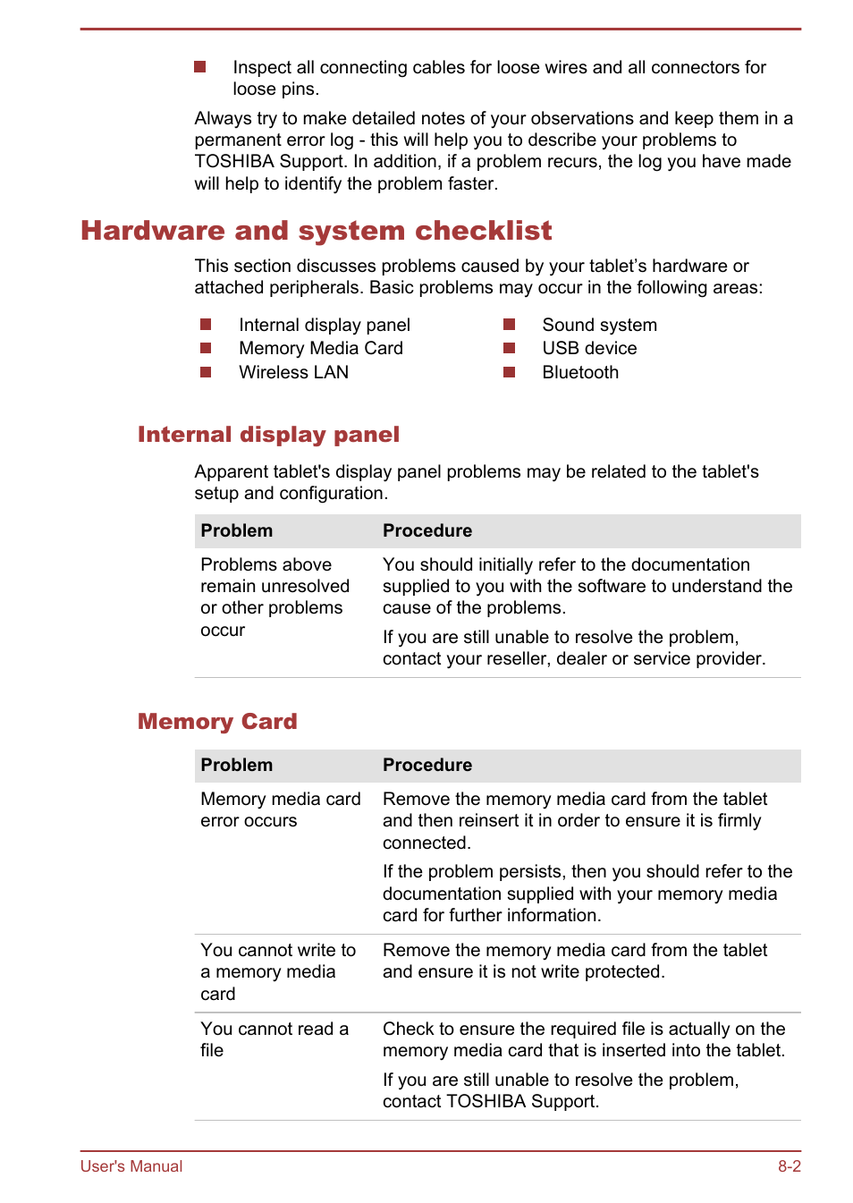 Hardware and system checklist, Internal display panel, Memory card | Hardware and system checklist -2 | Toshiba AT270 User Manual | Page 74 / 85