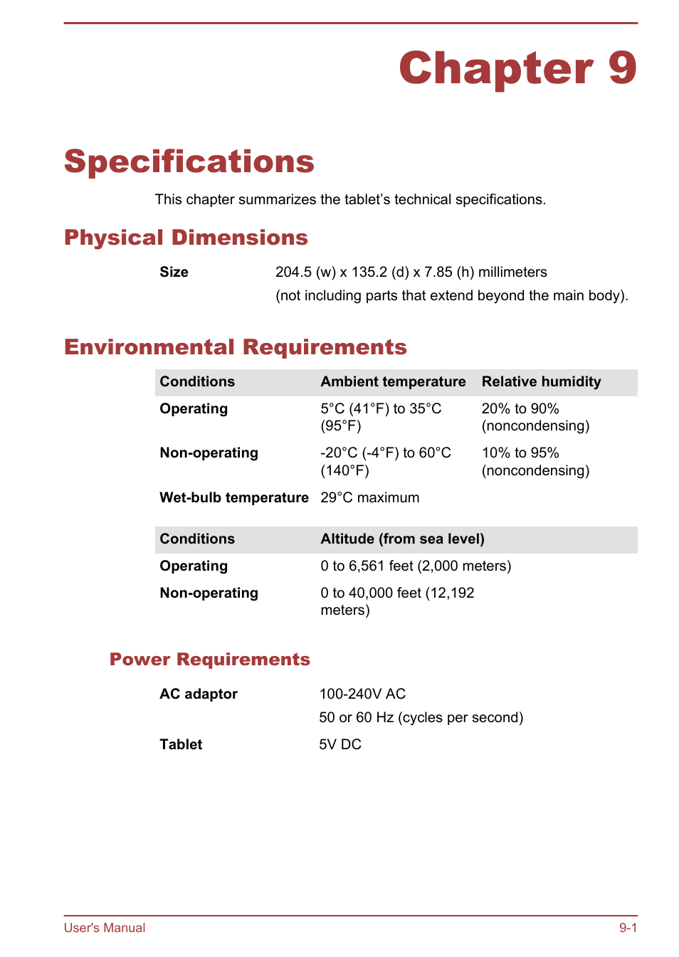 Chapter 9 specifications, Physical dimensions, Environmental requirements | Power requirements, Chapter 9, Specifications | Toshiba AT270 User Manual | Page 77 / 85