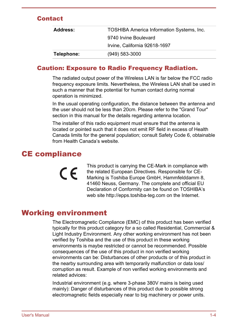 Contact, Caution: exposure to radio frequency radiation, Ce compliance | Working environment, Ce compliance -4 working environment -4 | Toshiba AT270 User Manual | Page 8 / 85
