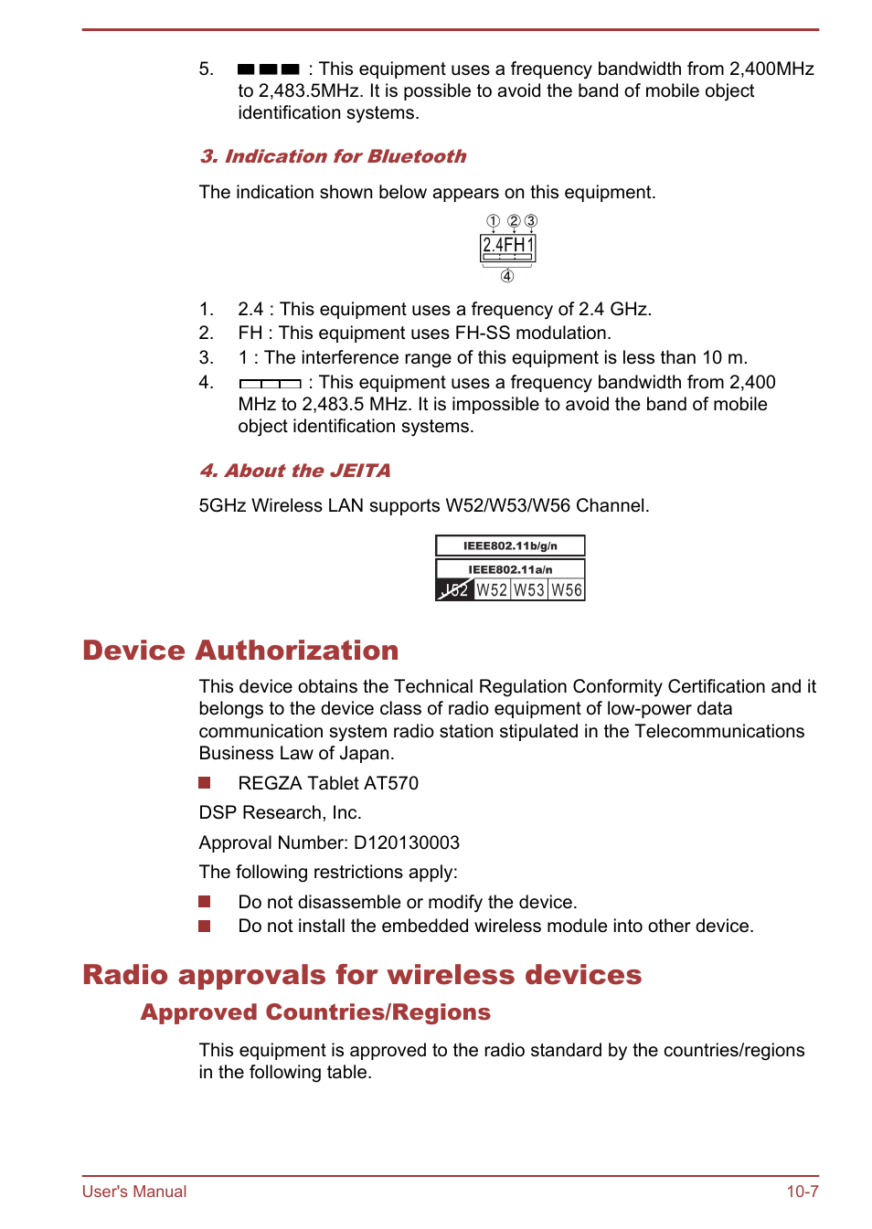 Device authorization, Radio approvals for wireless devices, Approved countries/regions | Toshiba AT270 User Manual | Page 84 / 85