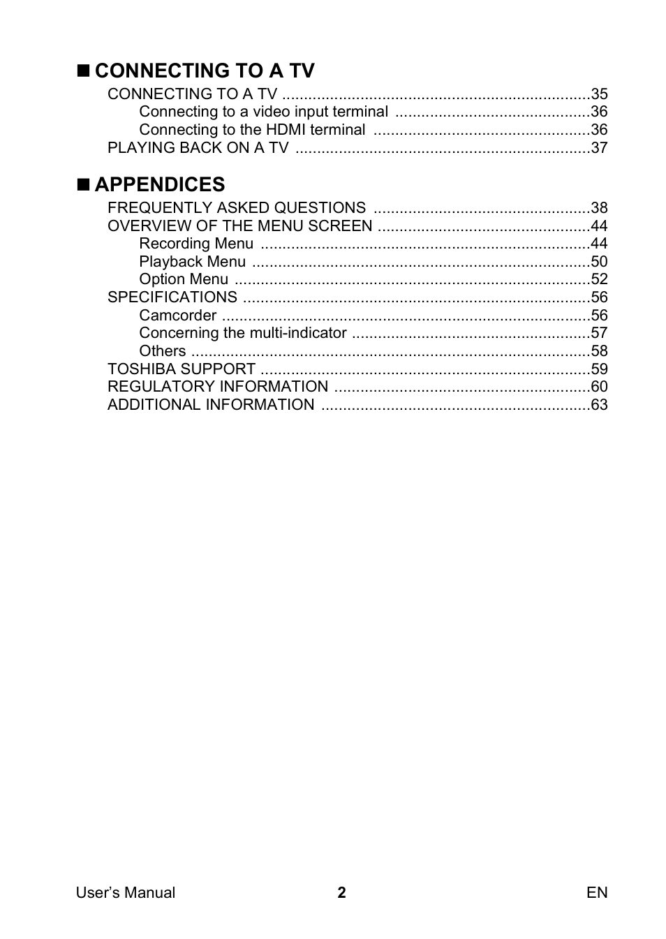 Connecting to a tv, Appendices | Toshiba Camileo SX500 User Manual | Page 13 / 75