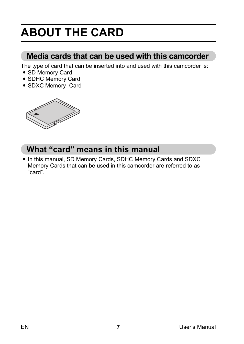 About the card, Media cards that can be used with this camcorder, What “card” means in this manual | Toshiba Camileo SX500 User Manual | Page 18 / 75
