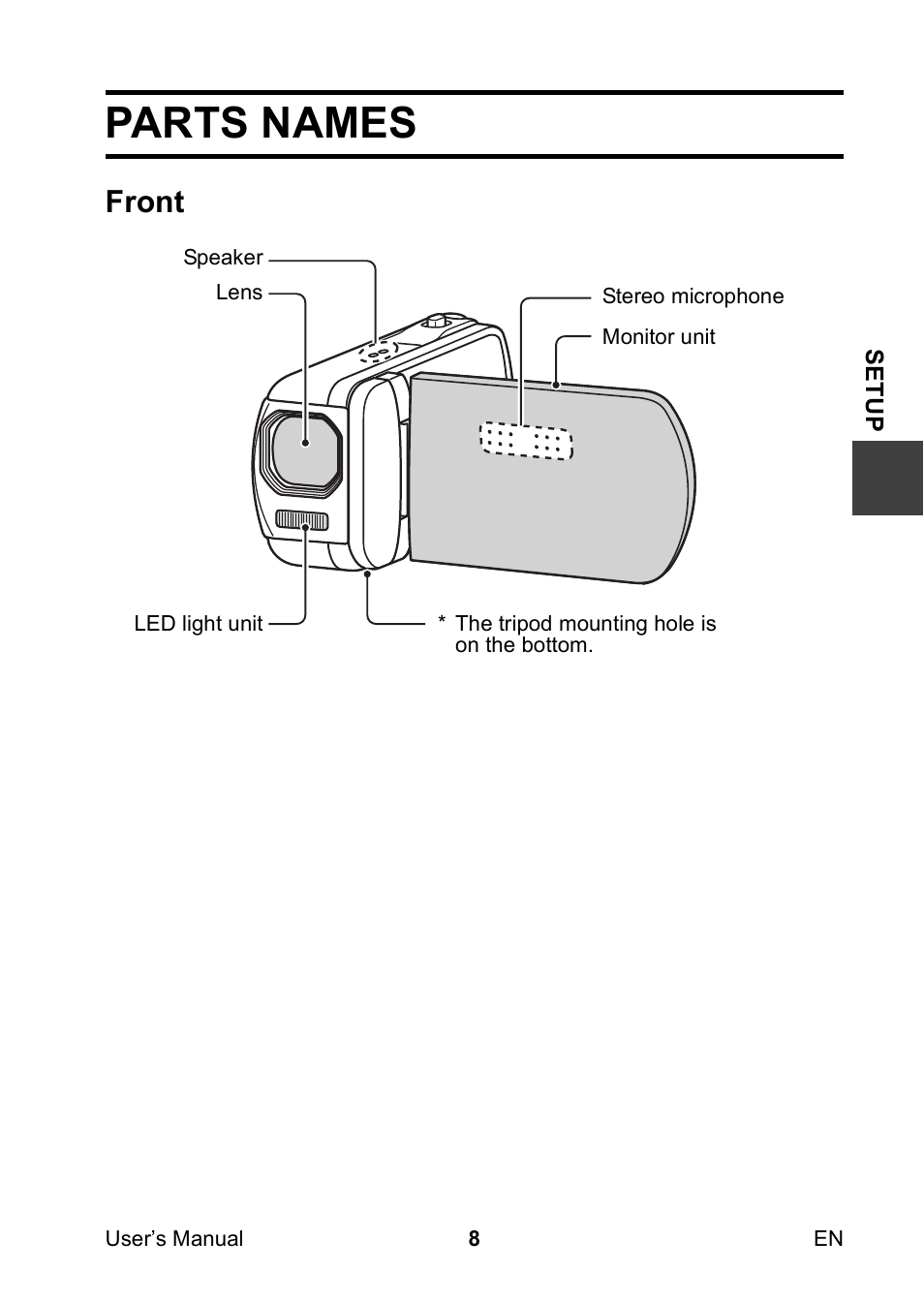 Setup, Parts names, Front | Toshiba Camileo SX500 User Manual | Page 19 / 75