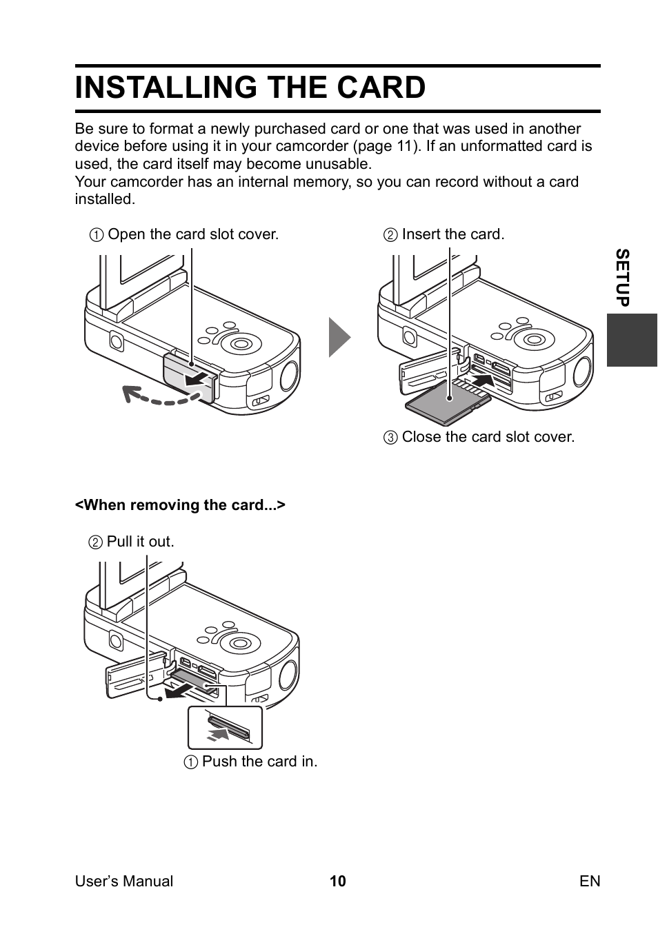 Installing the card | Toshiba Camileo SX500 User Manual | Page 21 / 75