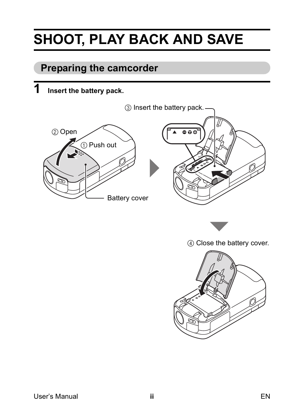 Shoot, play back and save, Preparing the camcorder | Toshiba Camileo SX500 User Manual | Page 3 / 75