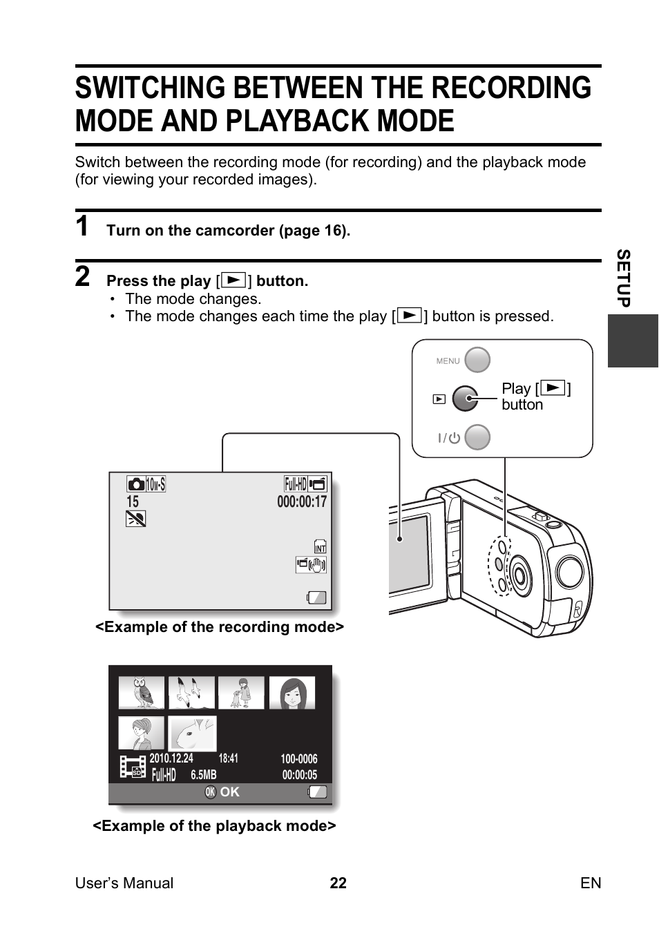 Switching between the recording mode and, Playback mode | Toshiba Camileo SX500 User Manual | Page 33 / 75