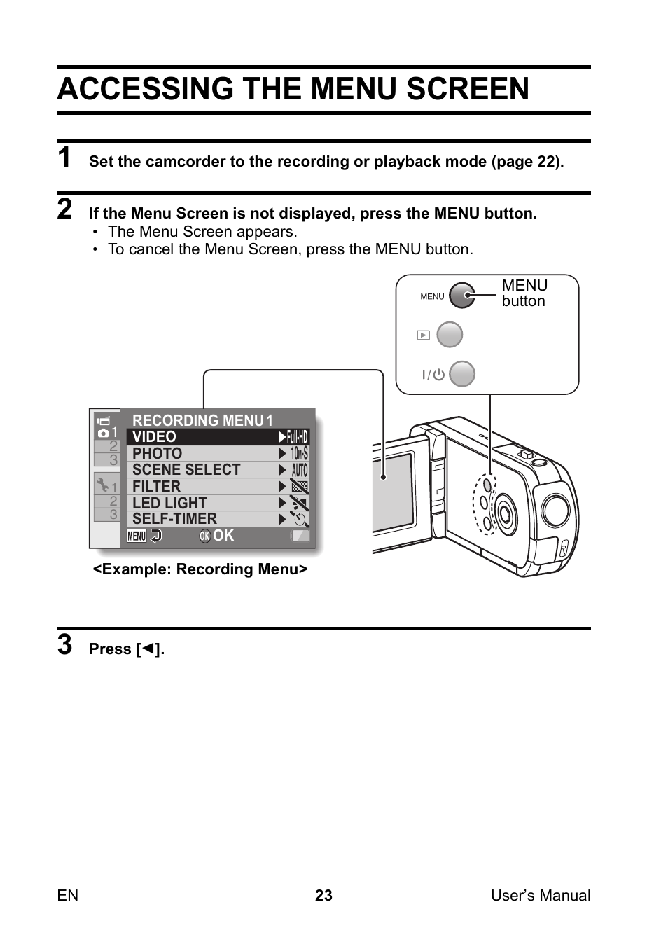 Accessing the menu screen | Toshiba Camileo SX500 User Manual | Page 34 / 75