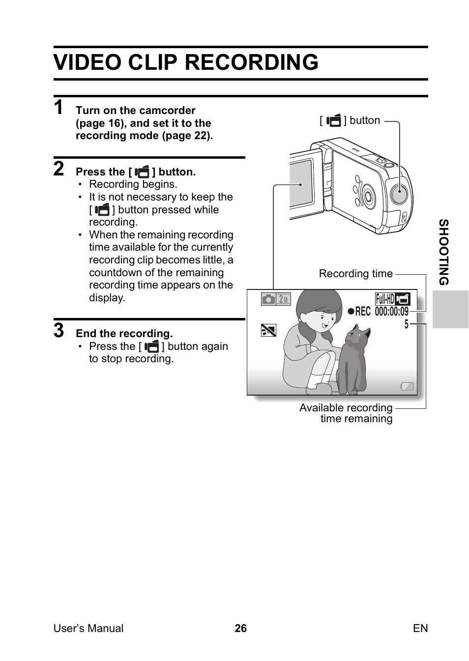 Shooting, Video clip recording, Full-hd | Toshiba Camileo SX500 User Manual | Page 37 / 75