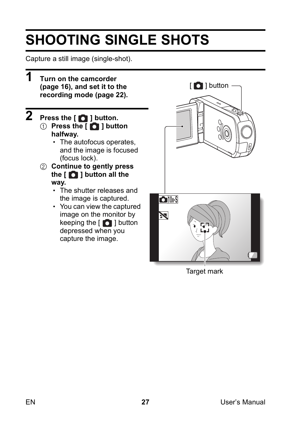 Shooting single shots | Toshiba Camileo SX500 User Manual | Page 38 / 75