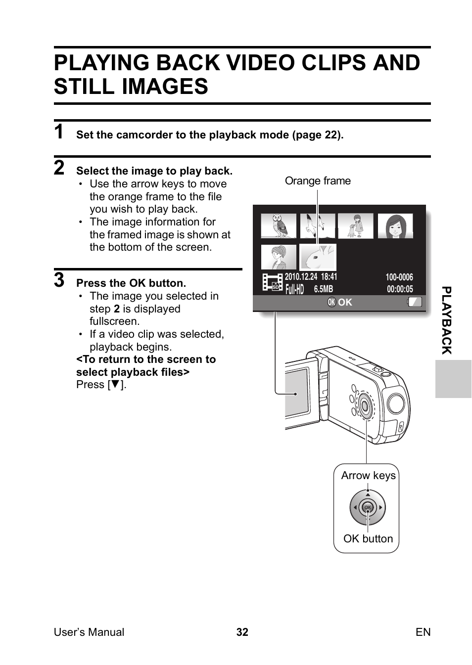 Playback, Playing back video clips and still images, Full-hd | Toshiba Camileo SX500 User Manual | Page 43 / 75