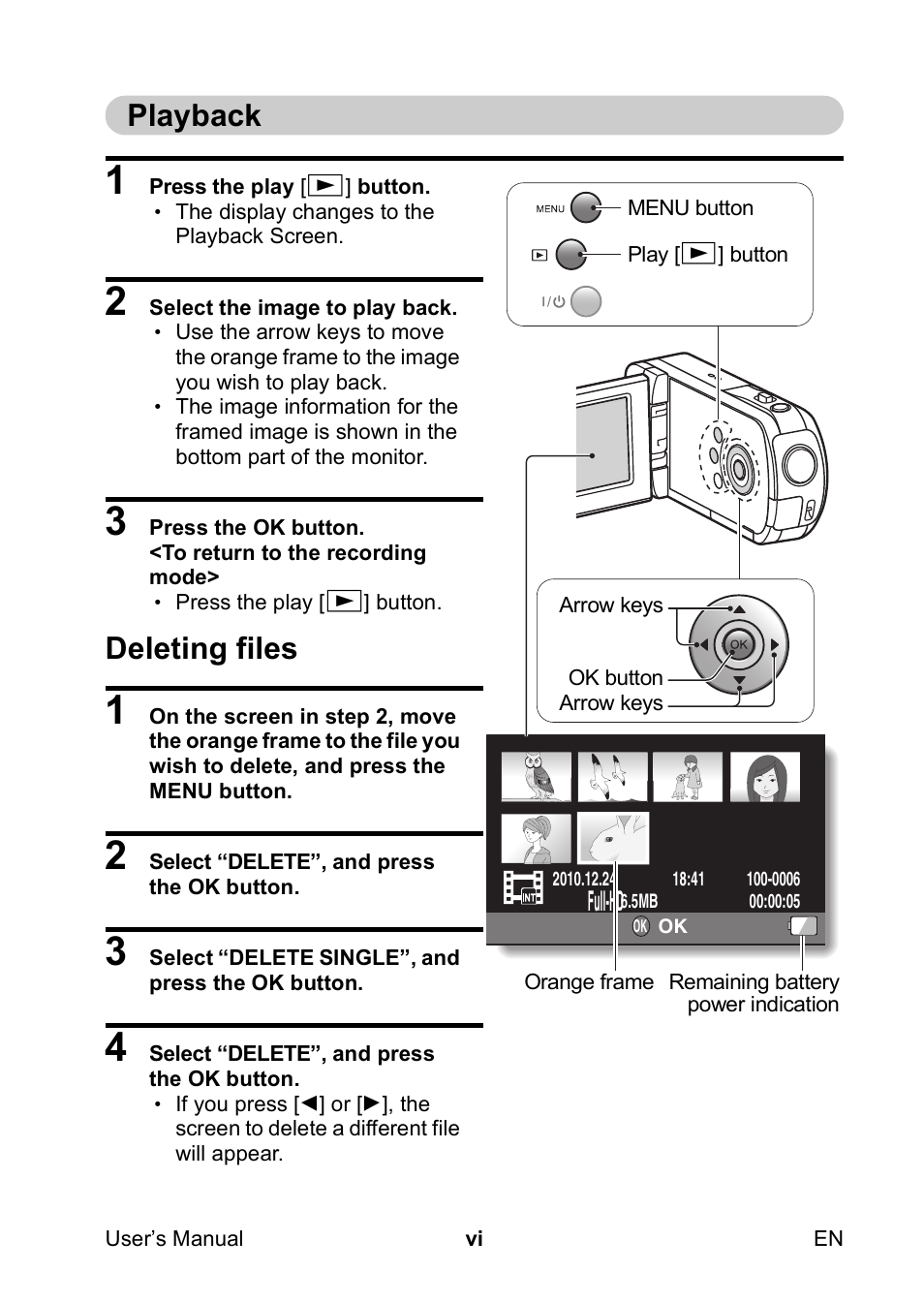 Playback, Deleting files | Toshiba Camileo SX500 User Manual | Page 7 / 75