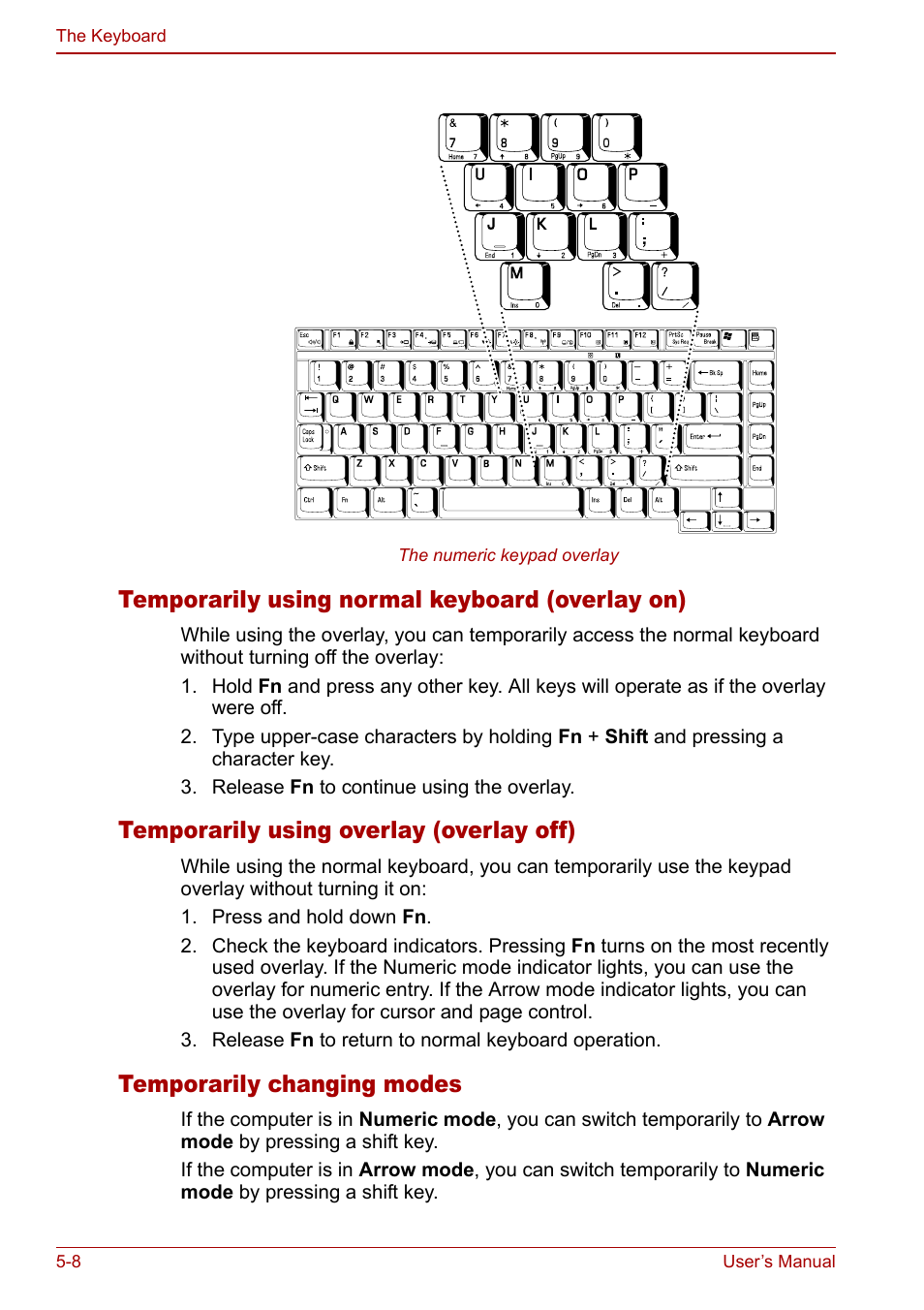 Temporarily using normal keyboard (overlay on), Temporarily using overlay (overlay off), Temporarily changing modes | Toshiba Qosmio G20 (PQG21) User Manual | Page 100 / 242