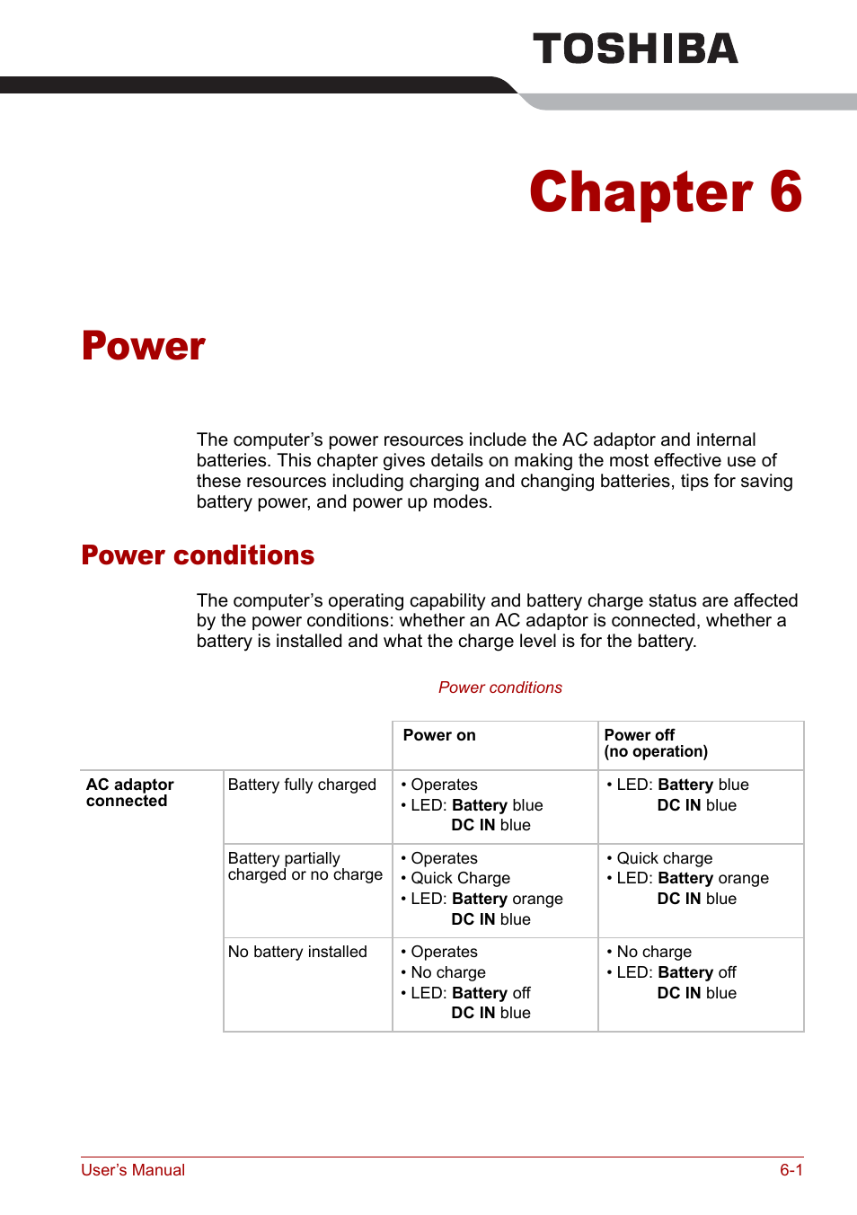 Chapter 6 - power, Power conditions, Chapter 6 | Power, Power conditions -1, Apter 6 | Toshiba Qosmio G20 (PQG21) User Manual | Page 103 / 242