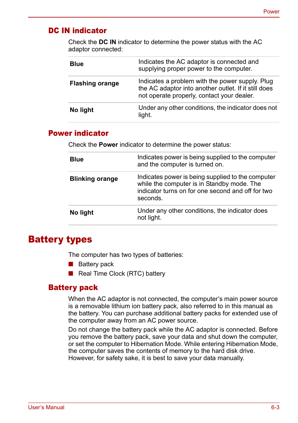 Battery types, Battery types -3, Dc in indicator | Power indicator, Battery pack | Toshiba Qosmio G20 (PQG21) User Manual | Page 105 / 242