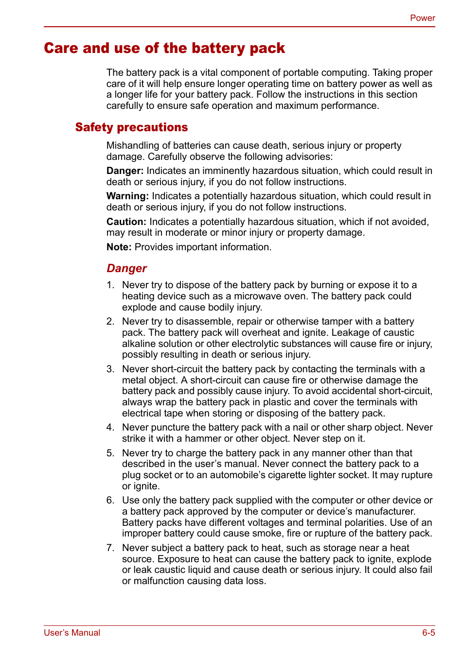 Care and use of the battery pack, Care and use of the battery pack -5, Safety precautions | Toshiba Qosmio G20 (PQG21) User Manual | Page 107 / 242