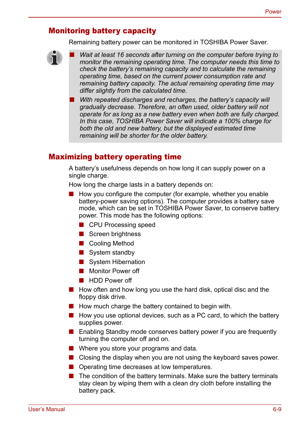 Monitoring battery capacity, Maximizing battery operating time | Toshiba Qosmio G20 (PQG21) User Manual | Page 111 / 242