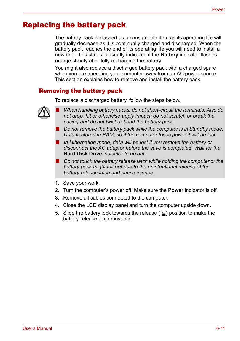 Replacing the battery pack, Replacing the battery pack -11, Removing the battery pack | Toshiba Qosmio G20 (PQG21) User Manual | Page 113 / 242