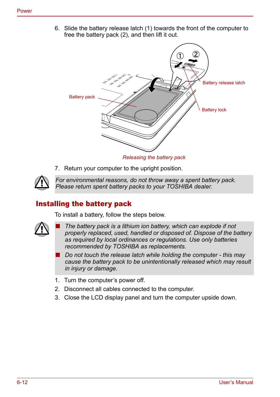 Installing the battery pack | Toshiba Qosmio G20 (PQG21) User Manual | Page 114 / 242