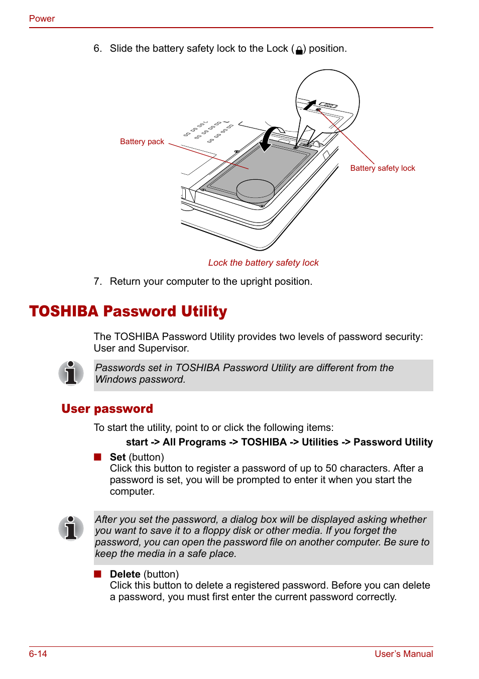 Toshiba password utility, Toshiba password utility -14, User password | Toshiba Qosmio G20 (PQG21) User Manual | Page 116 / 242