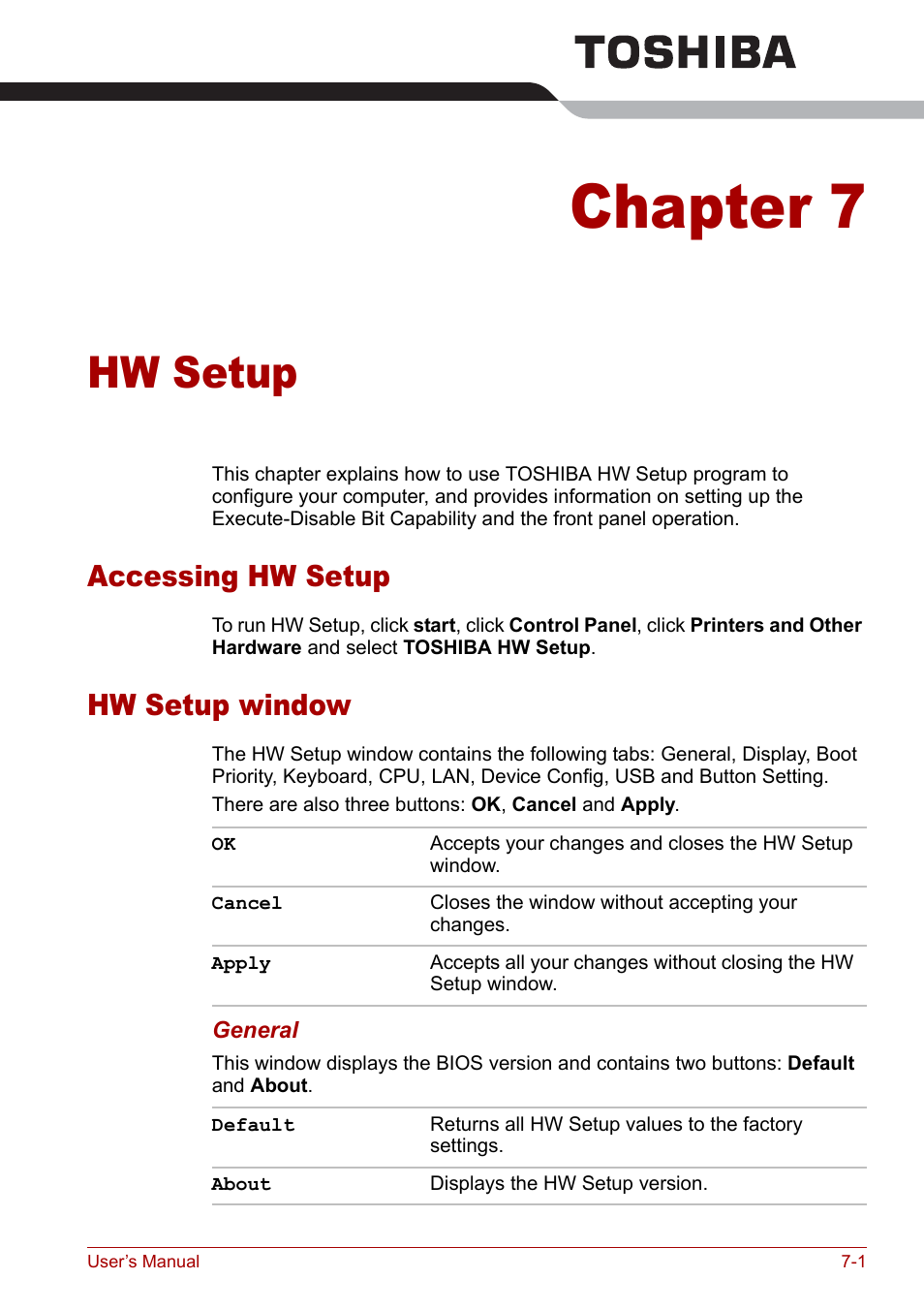 Chapter 7 - hw setup, Accessing hw setup, Hw setup window | Chapter 7, Hw setup, Accessing hw setup -1 hw setup window -1 | Toshiba Qosmio G20 (PQG21) User Manual | Page 119 / 242