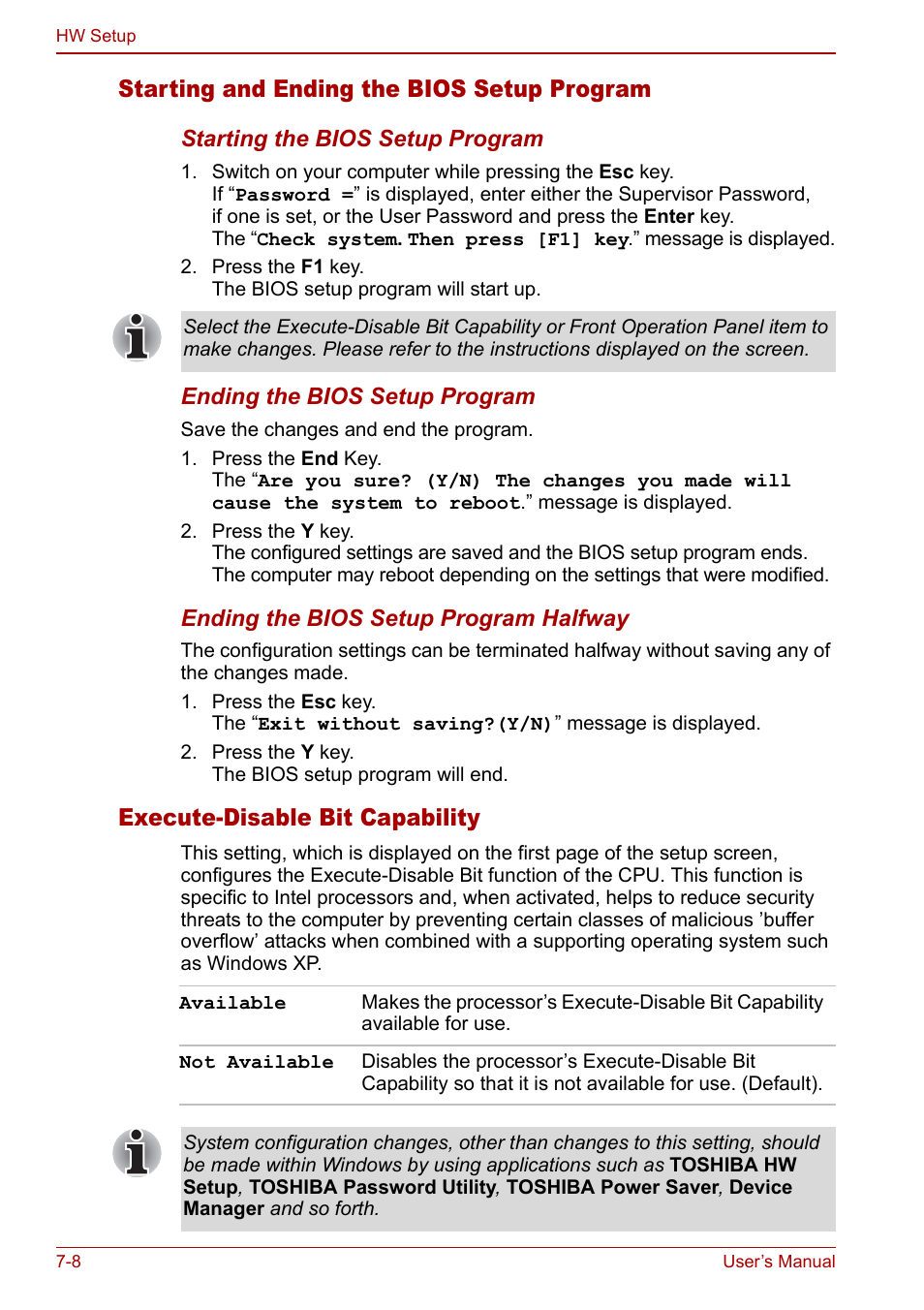 Starting and ending the bios setup program, Execute-disable bit capability | Toshiba Qosmio G20 (PQG21) User Manual | Page 126 / 242