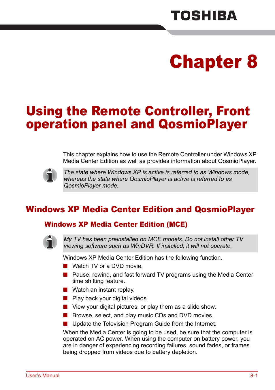 Windows xp media center edition and qosmioplayer, Chapter 8, Qosmioplayer | Expla, Using the remote, Controller, front operation panel and, For det | Toshiba Qosmio G20 (PQG21) User Manual | Page 129 / 242