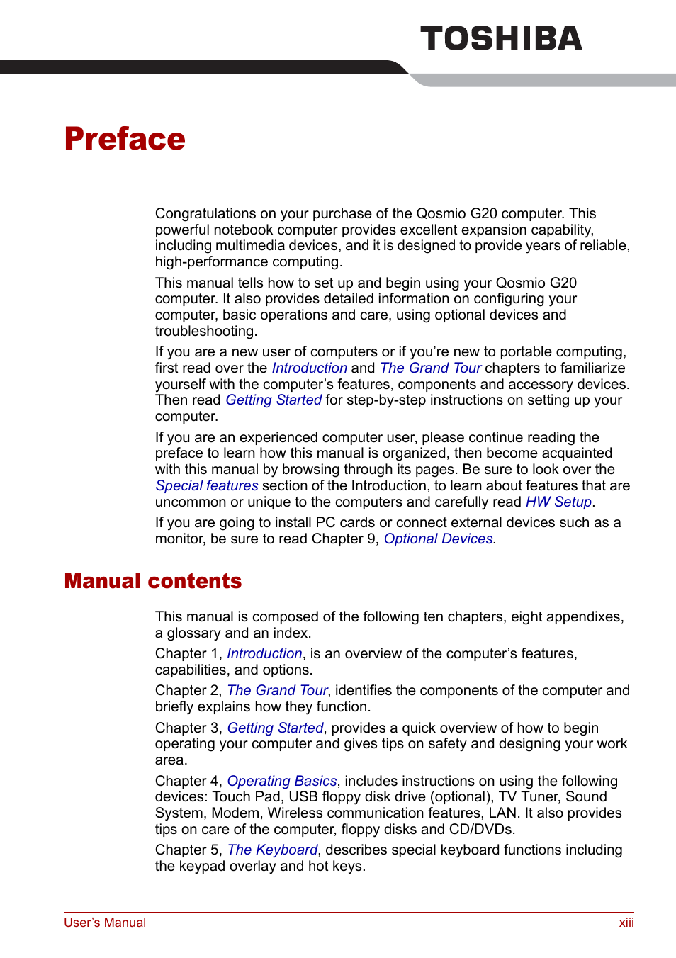 Preface, Manual contents | Toshiba Qosmio G20 (PQG21) User Manual | Page 13 / 242