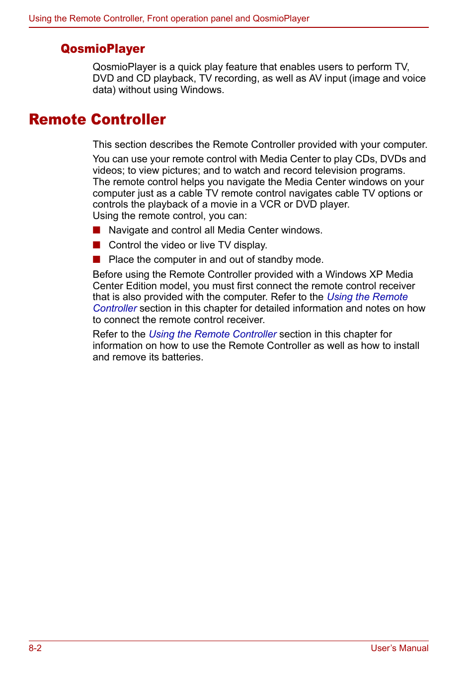 Remote controller, Remote controller -2, Qosmioplayer | Toshiba Qosmio G20 (PQG21) User Manual | Page 130 / 242