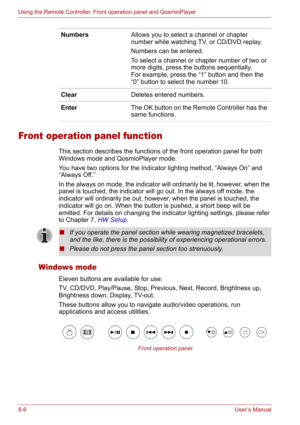 Front operation panel function, Front operation panel function -6, Windows mode | Toshiba Qosmio G20 (PQG21) User Manual | Page 134 / 242