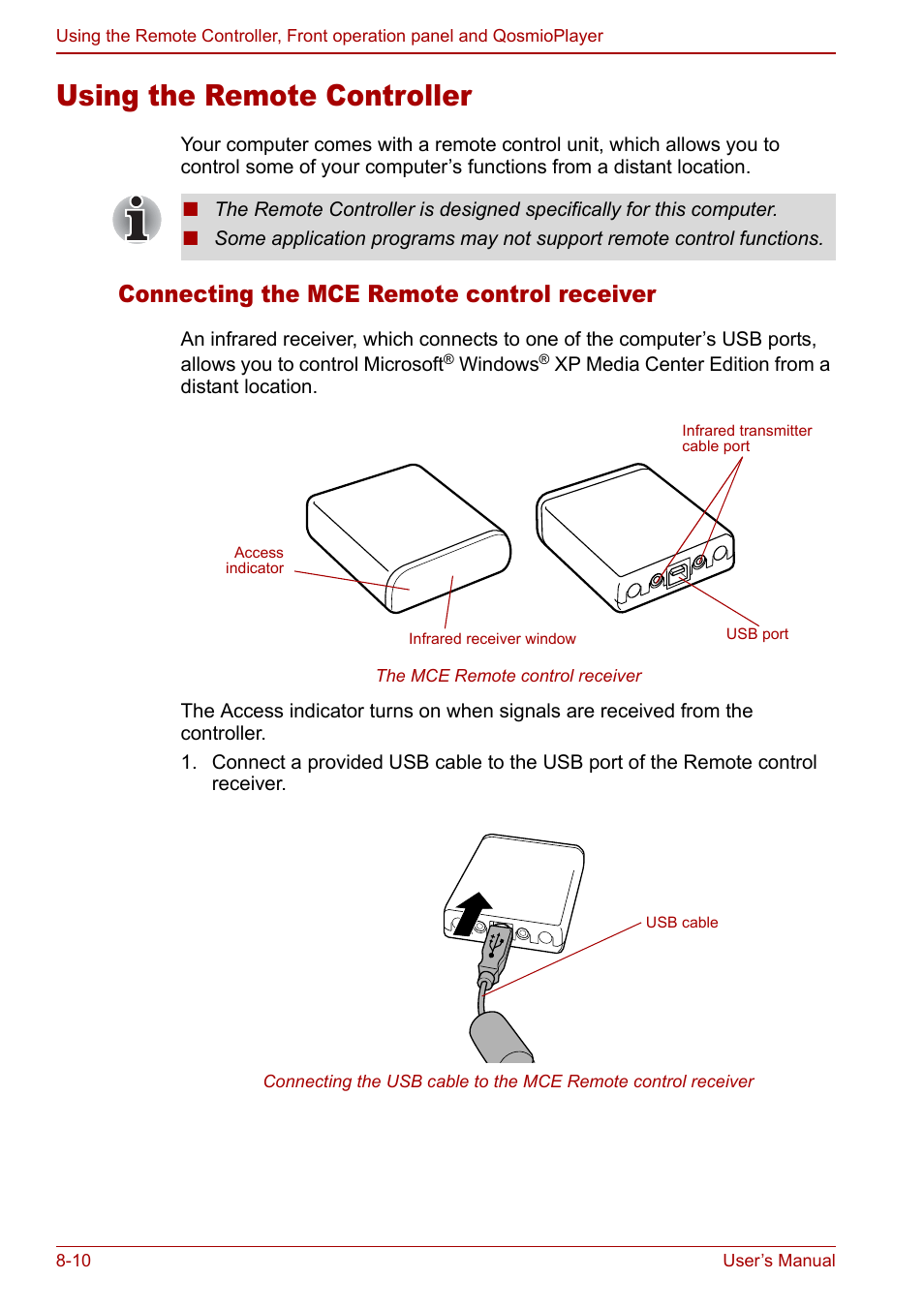 Using the remote controller, Using the remote controller -10, Using the remote | Controller, Connecting the mce remote control receiver | Toshiba Qosmio G20 (PQG21) User Manual | Page 138 / 242