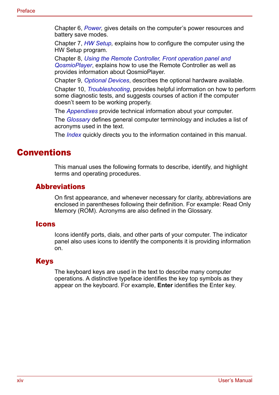 Conventions, Abbreviations, Icons | Keys | Toshiba Qosmio G20 (PQG21) User Manual | Page 14 / 242