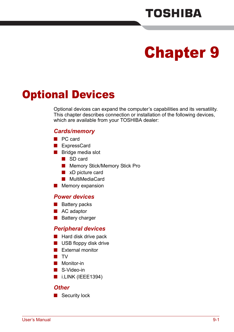 Chapter 9 - optional devices, Chapter 9, Optional devices | Ter 9, Optional, Devices, Apter 9 | Toshiba Qosmio G20 (PQG21) User Manual | Page 145 / 242