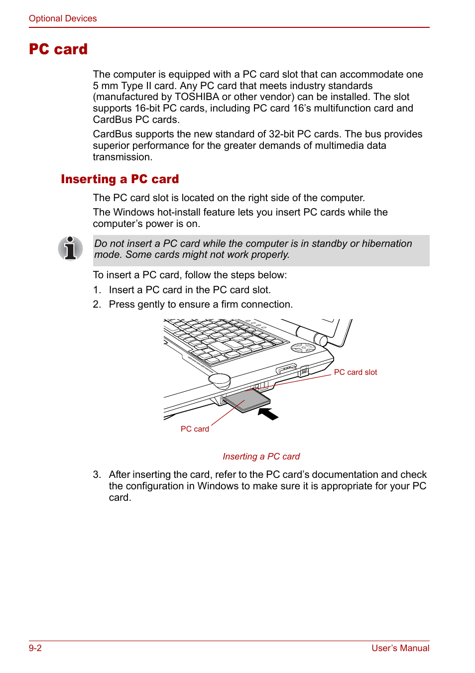 Pc card, Pc card -2, Inserting a pc card | Toshiba Qosmio G20 (PQG21) User Manual | Page 146 / 242
