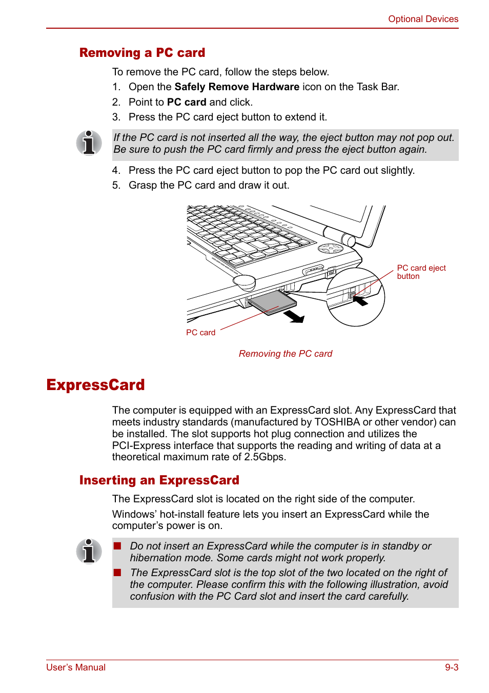 Expresscard, Expresscard -3, Removing a pc card | Inserting an expresscard | Toshiba Qosmio G20 (PQG21) User Manual | Page 147 / 242