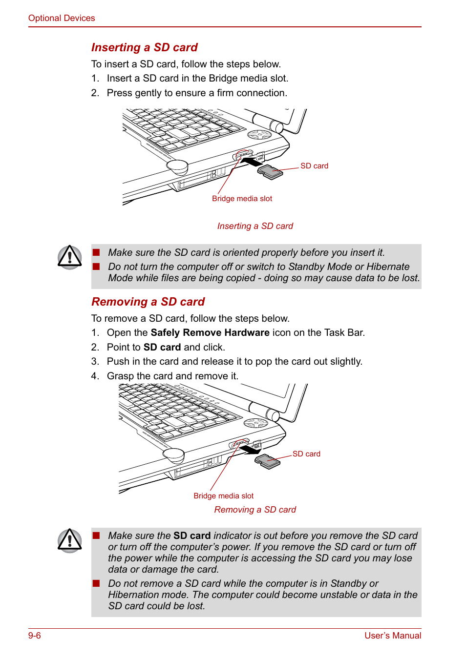 Inserting a sd card, Removing a sd card | Toshiba Qosmio G20 (PQG21) User Manual | Page 150 / 242