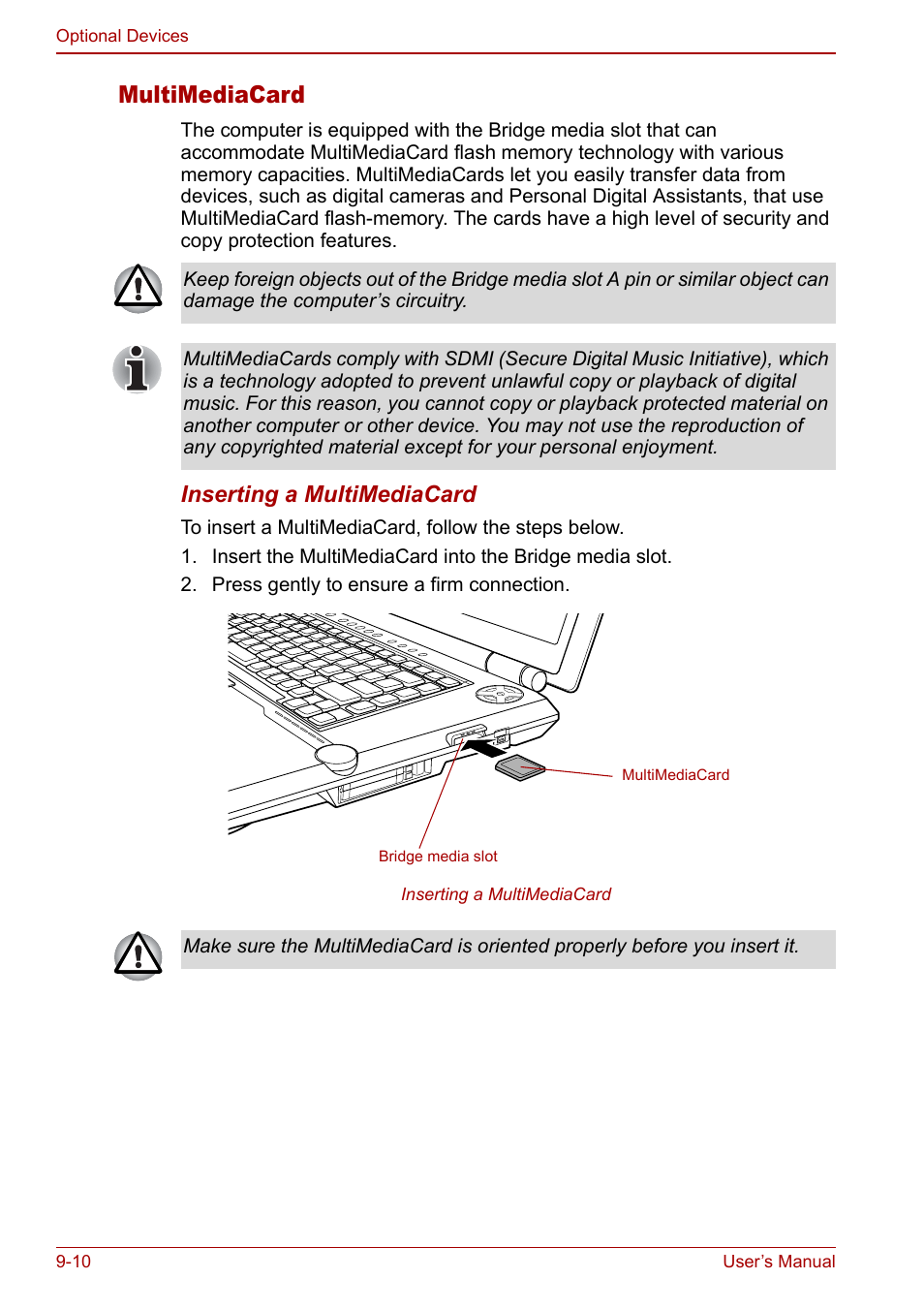 Multimediacard, Inserting a multimediacard | Toshiba Qosmio G20 (PQG21) User Manual | Page 154 / 242