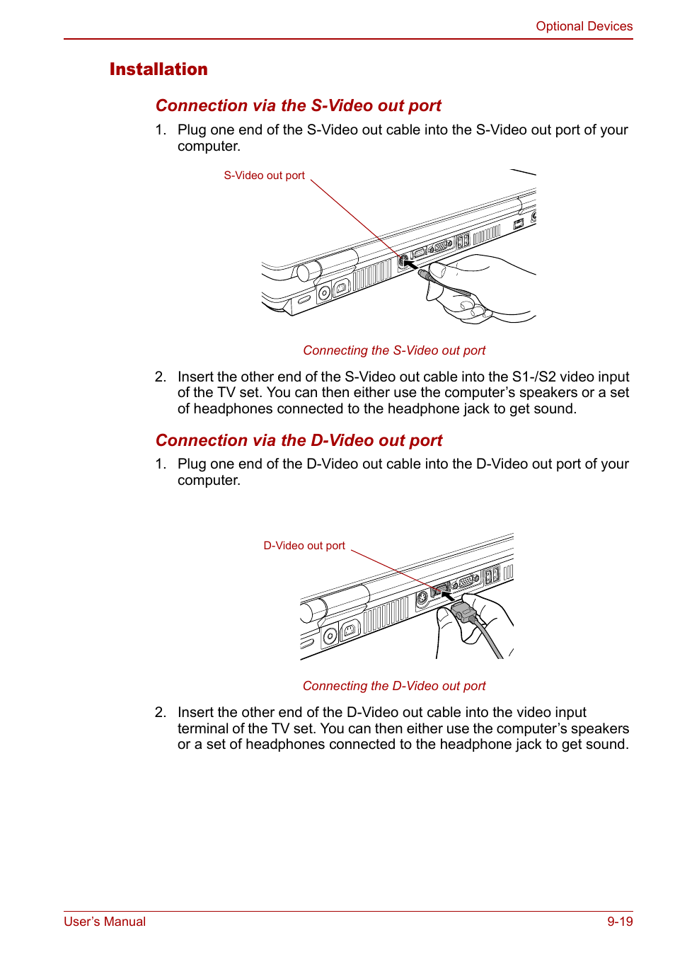 Installation, Connection via the s-video out port, Connection via the d-video out port | Toshiba Qosmio G20 (PQG21) User Manual | Page 163 / 242