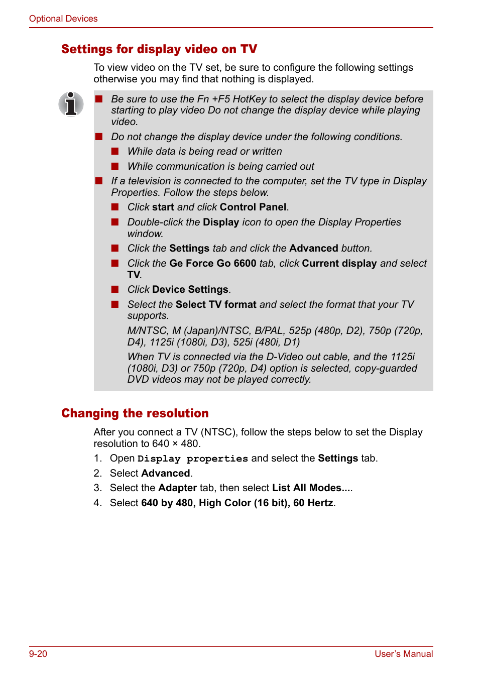 Settings for display video on tv, Changing the resolution | Toshiba Qosmio G20 (PQG21) User Manual | Page 164 / 242