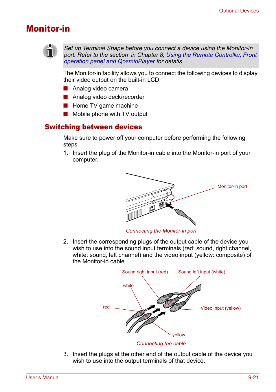 Monitor-in, Monitor-in -21, Switching between devices | Toshiba Qosmio G20 (PQG21) User Manual | Page 165 / 242