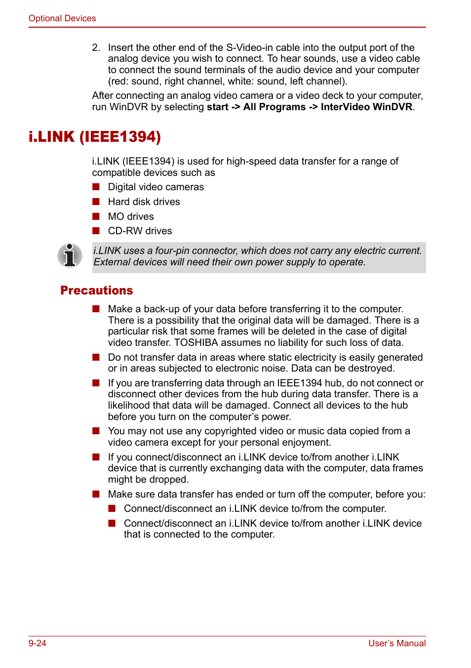 I.link (ieee1394), I.link (ieee1394) -24, Precautions | Toshiba Qosmio G20 (PQG21) User Manual | Page 168 / 242